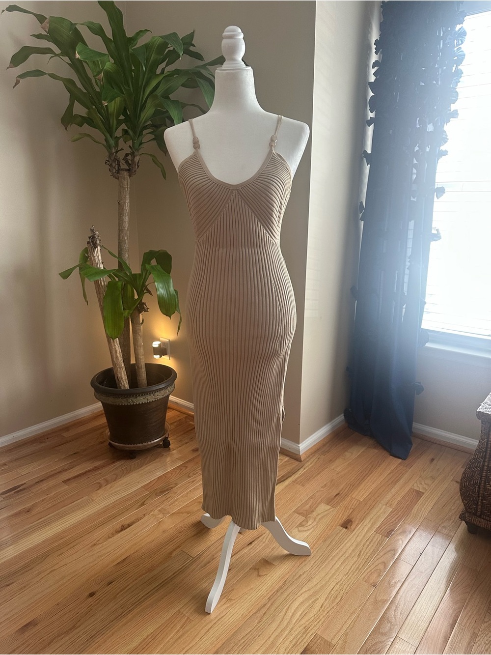 House of Harlow 1960 Taupe Ribbed Maxi Slip Dress